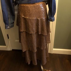 NWOT Brown Sequin Tiered Long Skirt Large